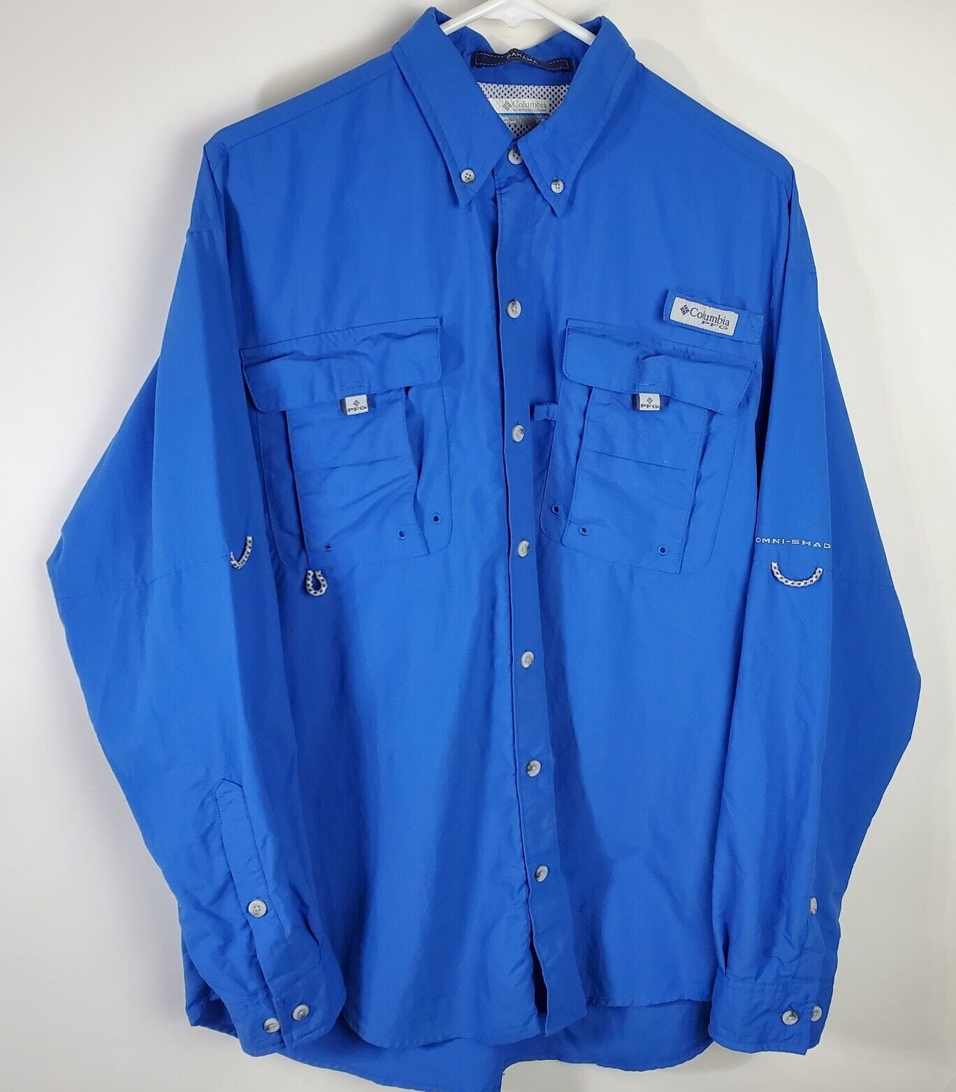 Camisa Columbia PFG para Hombre Mediana Azul Bahama Pesca con Botones  Mangas Largas de Carga