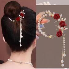Women Girl Pearl Red Rose Tassel Ponytail Hair Clip Hair accessories E5K0