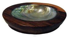 Carved Wood Inlaid Nacre Mother of Pearl Shell Dish Bowl 14 x 9 cm