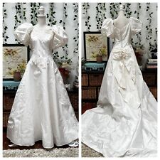 Vestido de novia vintage años 80 mangas grandes Diana blanco tafetán tren lazo trasero XS/S
