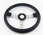 350MM FLAT BLACK Leather White STITCH Off Road 6 BOLT STEERING WHEEL & HORN