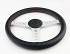 350MM Universal LEATHER RED WHITE STITCH FLAT SILVER DISH 6 BOLT STEERING WHEEL 